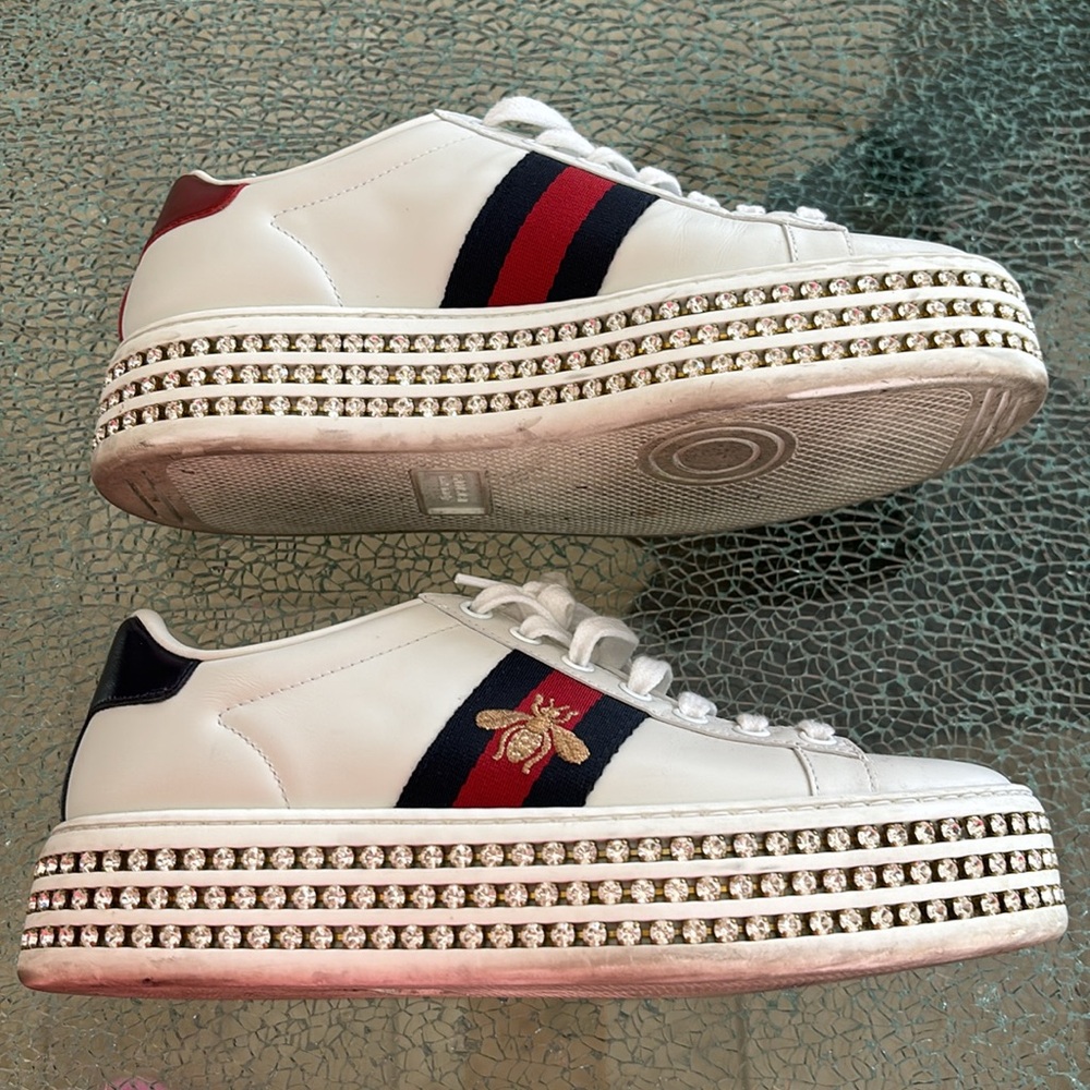 GUCCI Leather and Bee Detail with Ace Crystal Embellished Platform Sneakers - Picture 5 of 14